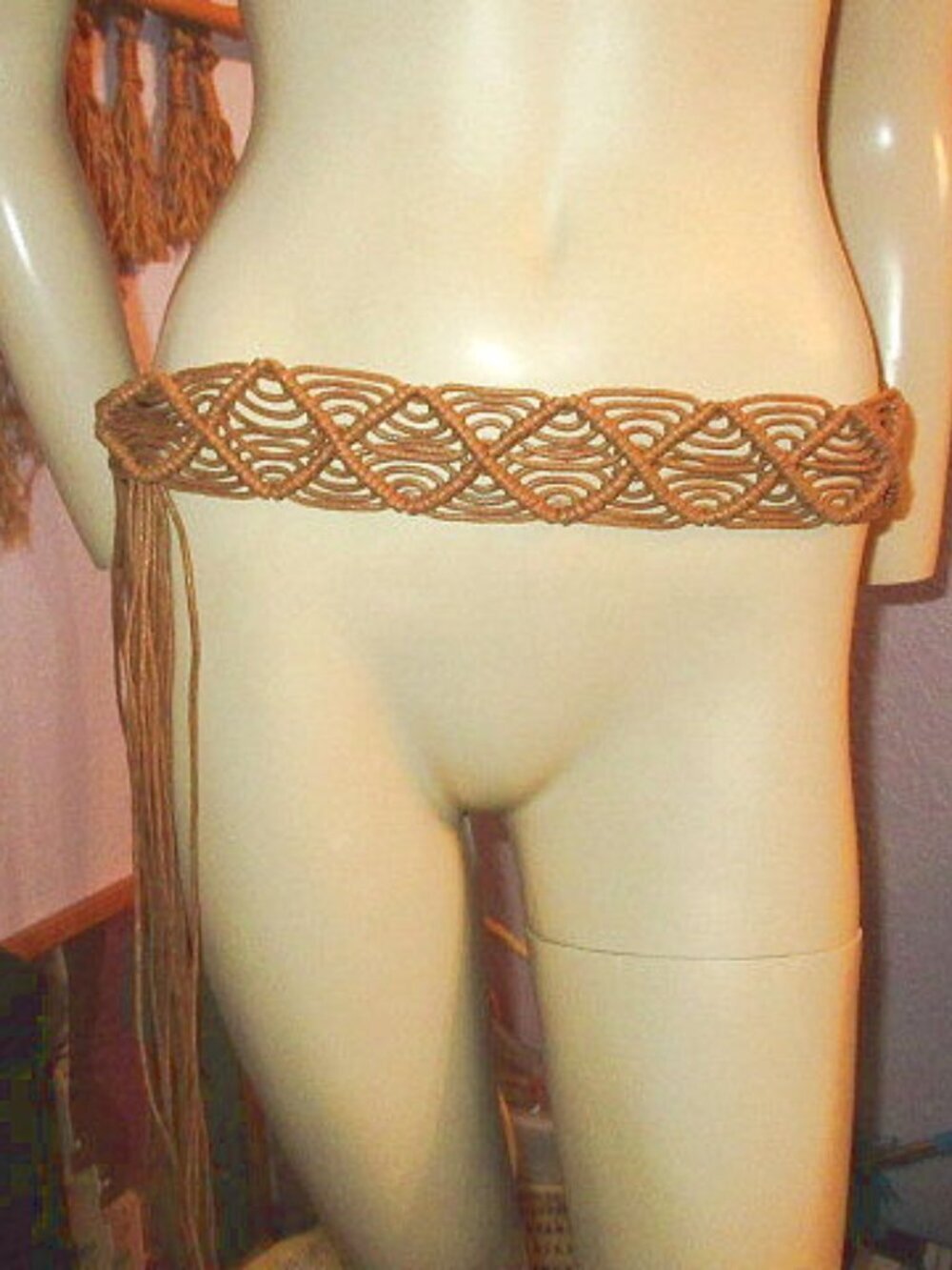 Vtg 70s Macrame Belt Beaded Diamond Pattern Woven Fringe Hippie Beads One Size